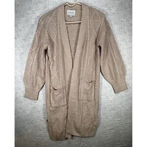Pink Rose Long Open Cardigan Sweater SZ Med Beige Tan Crochet Knit Boho Pockets